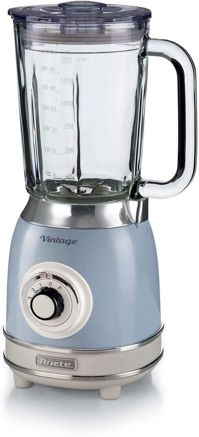 Ariete Vintage 583 Mixer in vetro, retrò Multifunzione, con 4 pentole, 4 maniglie + funzione a impulsi, funzione tritaghiaccio, 1,5 litri Fassungsvermögen, 1000W, verde Cucina Naty Shop Hellblau Single