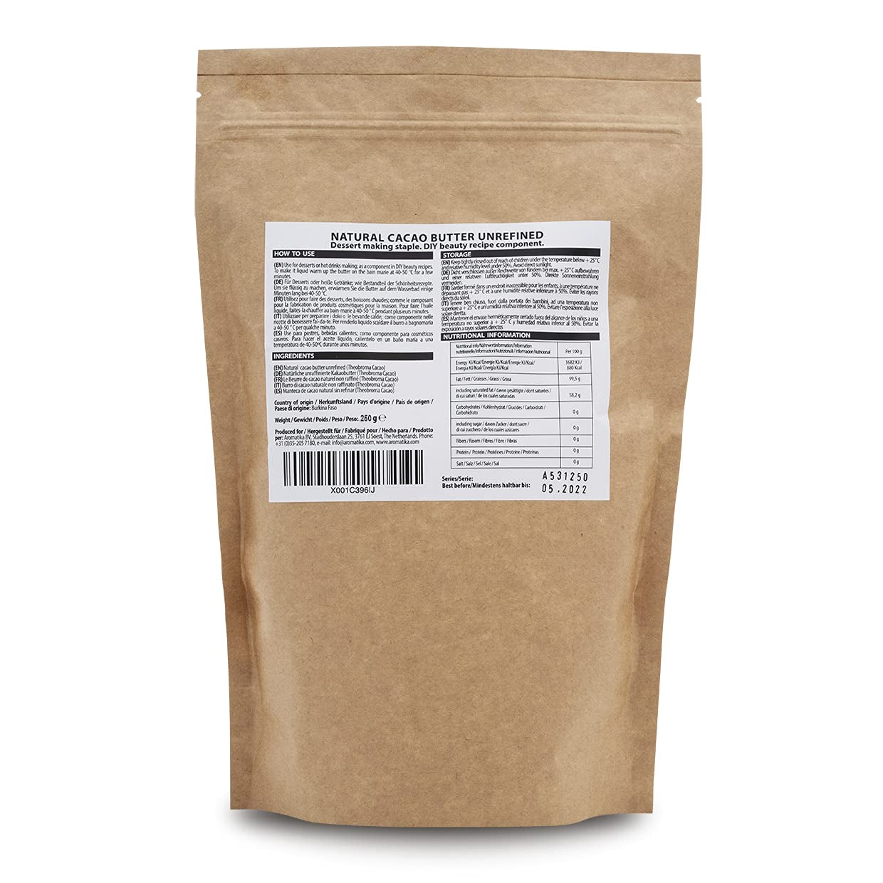 Kakaobutter - 250g - Theobroma Cacao - Raw Cacaobutter - Kakao Butter in Stücken - Kaltgepresst - Unraffiniert - Rein und Naturlich - für Speisen und Hautpflege - Cacao Butter