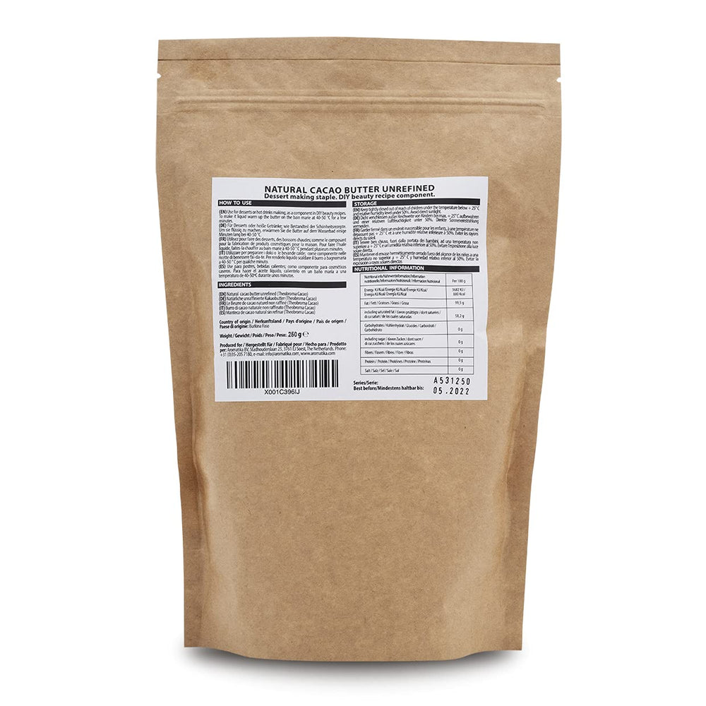 Kakaobutter - 250g - Theobroma Cacao - Raw Cacaobutter - Kakao Butter in Stücken - Kaltgepresst - Unraffiniert - Rein und Naturlich - für Speisen und Hautpflege - Cacao Butter