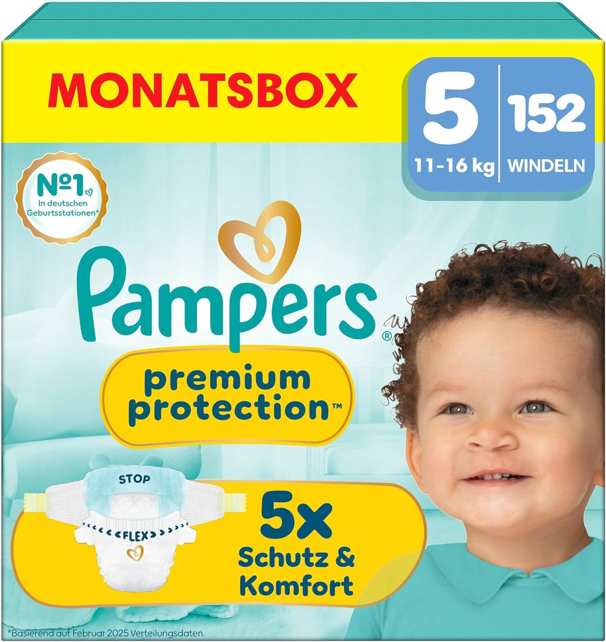 Pampers Premium Protection taglia 5, 152 pannolini, 11 kg-16 kg, la nostra protezione numero 1 contro pelle e perdite