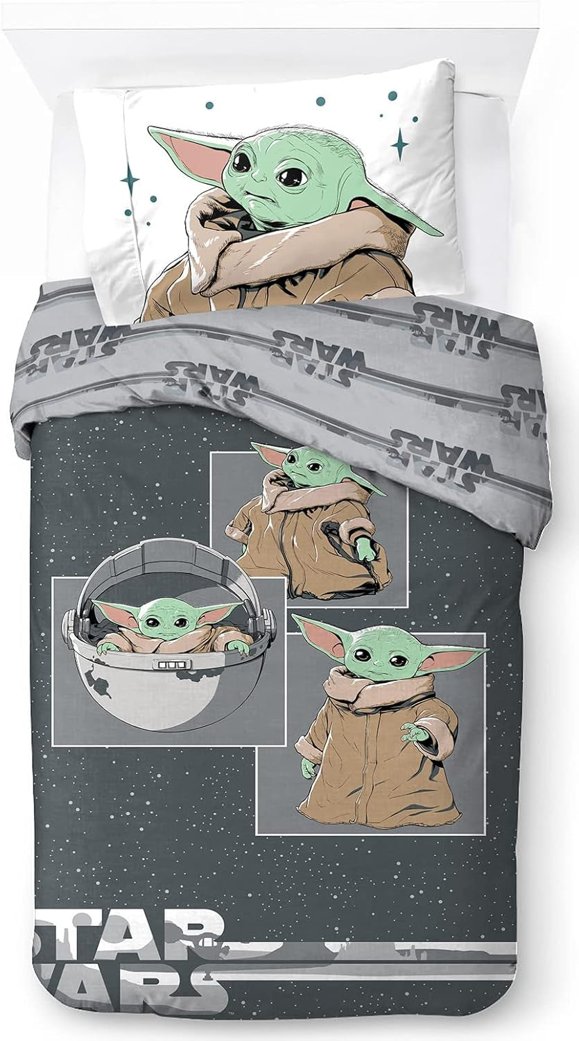 Biancheria letto per bambini, unisex, principesse e supereroi, 100% cotone Biancheria letto - bambini Naty Shop Grigio - Mandalorian 135X200/50X70 (2 Pezzi)