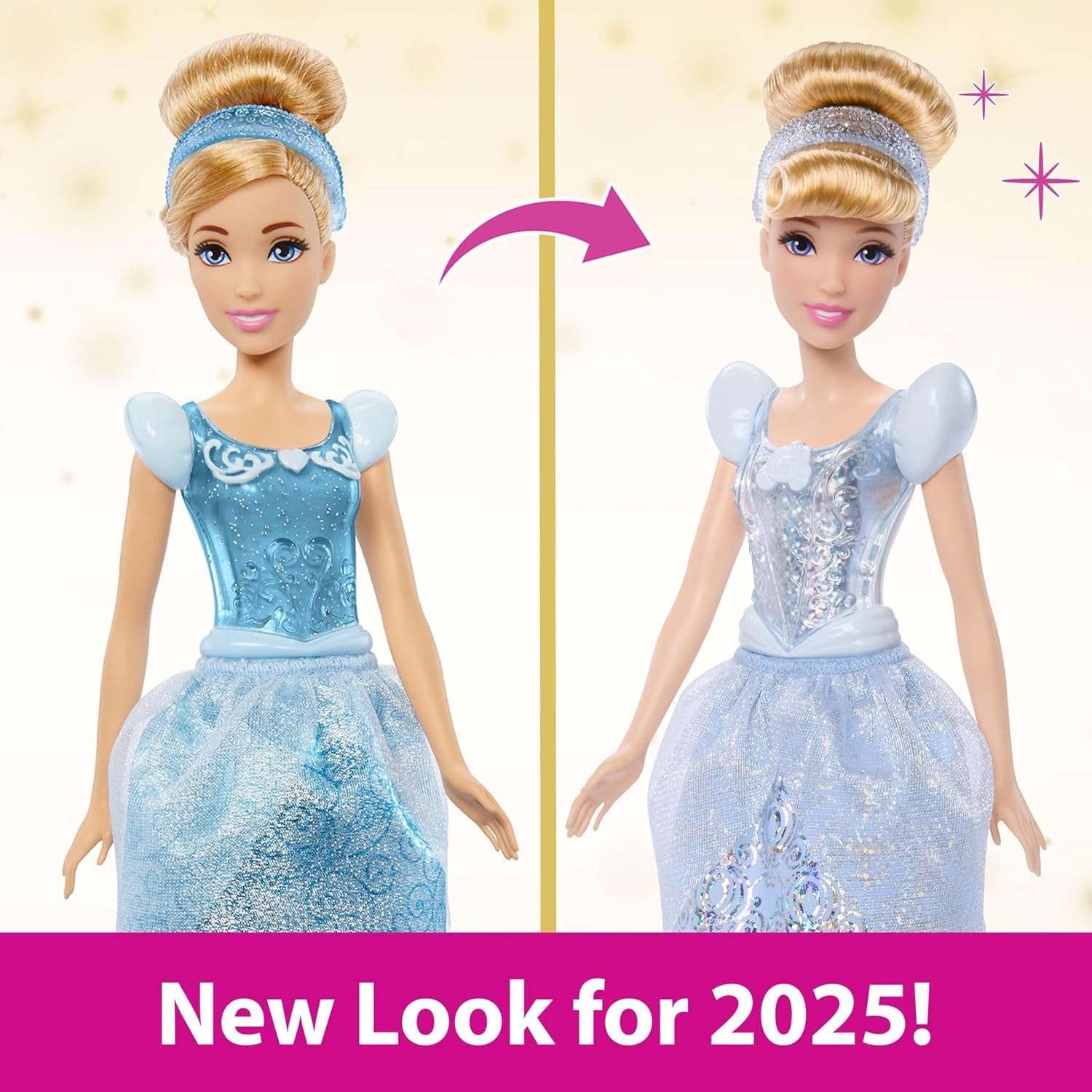Mattel DISNEY Prinzessin Cinderella - Bewegliche Puppe mit glitzerndem Outfit, abnehmbaren Schuhen und Diadem, kämmbares Haar für Frisierspaß, für Kinder ab 3 Jahren, HLW06