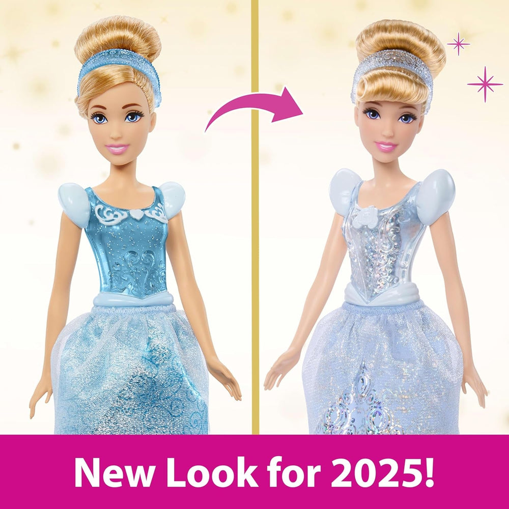 Mattel DISNEY Prinzessin Cinderella - Bewegliche Puppe mit glitzerndem Outfit, abnehmbaren Schuhen und Diadem, kämmbares Haar für Frisierspaß, für Kinder ab 3 Jahren, HLW06