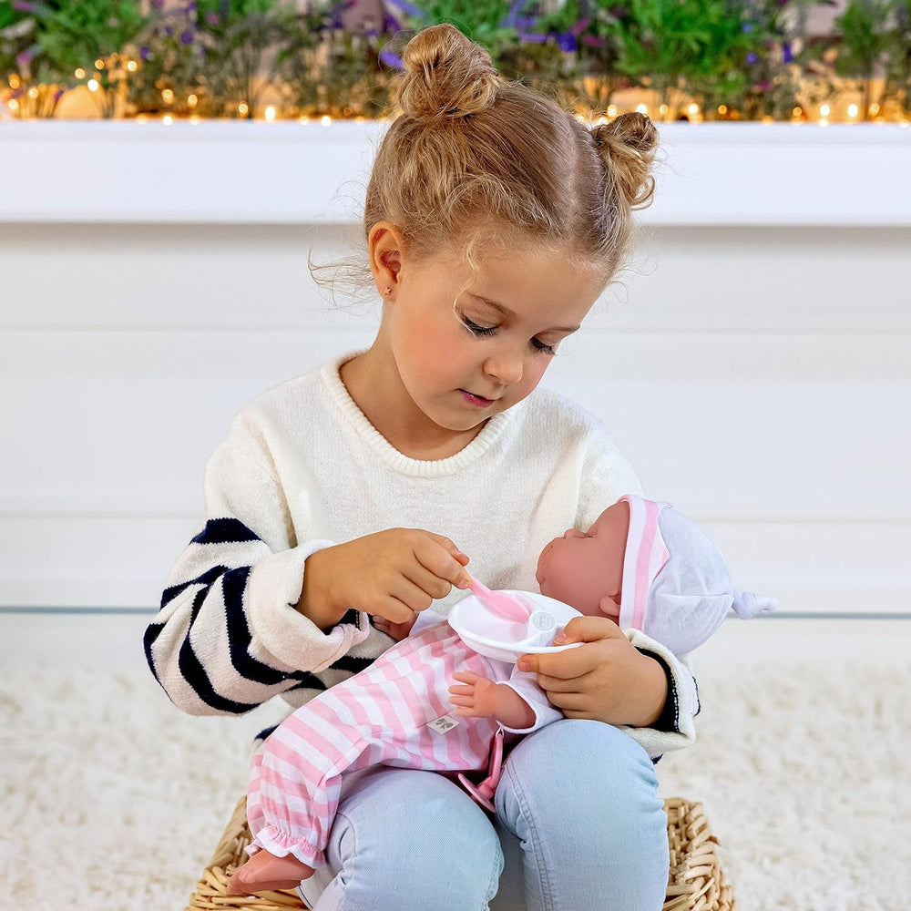 JC Toys - Păpușă moale realistă Berenguer Boutique, 38 cm, cu gură deschisă/închisă, set cadou cu 10 piese, biberon, zornăitoare, suzetă și accesorii, roz, vârste 2+