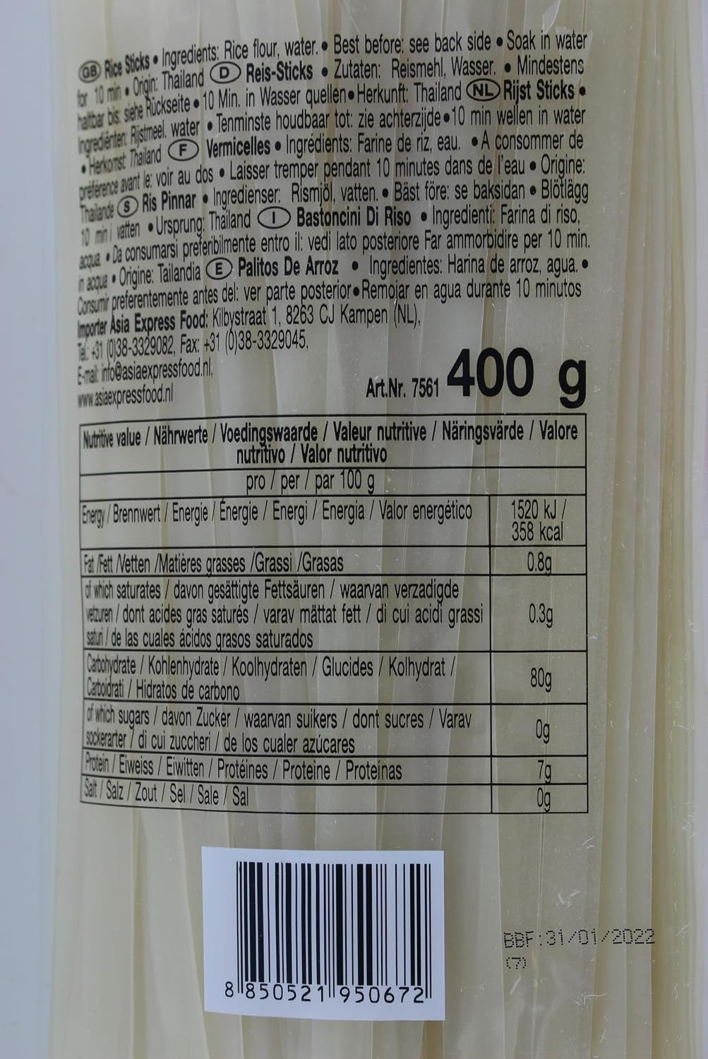 Spaghetti di riso - Tagliatelle tailandesi a nastro di riso larghe 10 mm, a base di farina di riso, dritte - 1 x 400 g