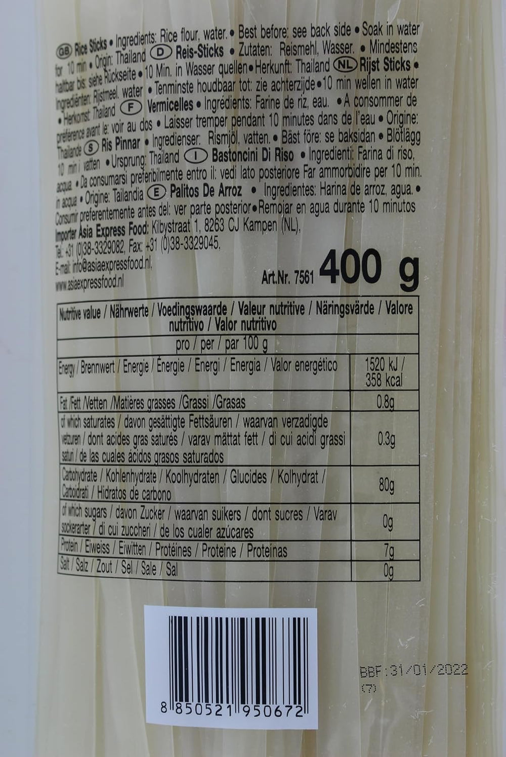 Spaghetti di riso - Tagliatelle tailandesi a nastro di riso larghe 10 mm, a base di farina di riso, dritte - 1 x 400 g