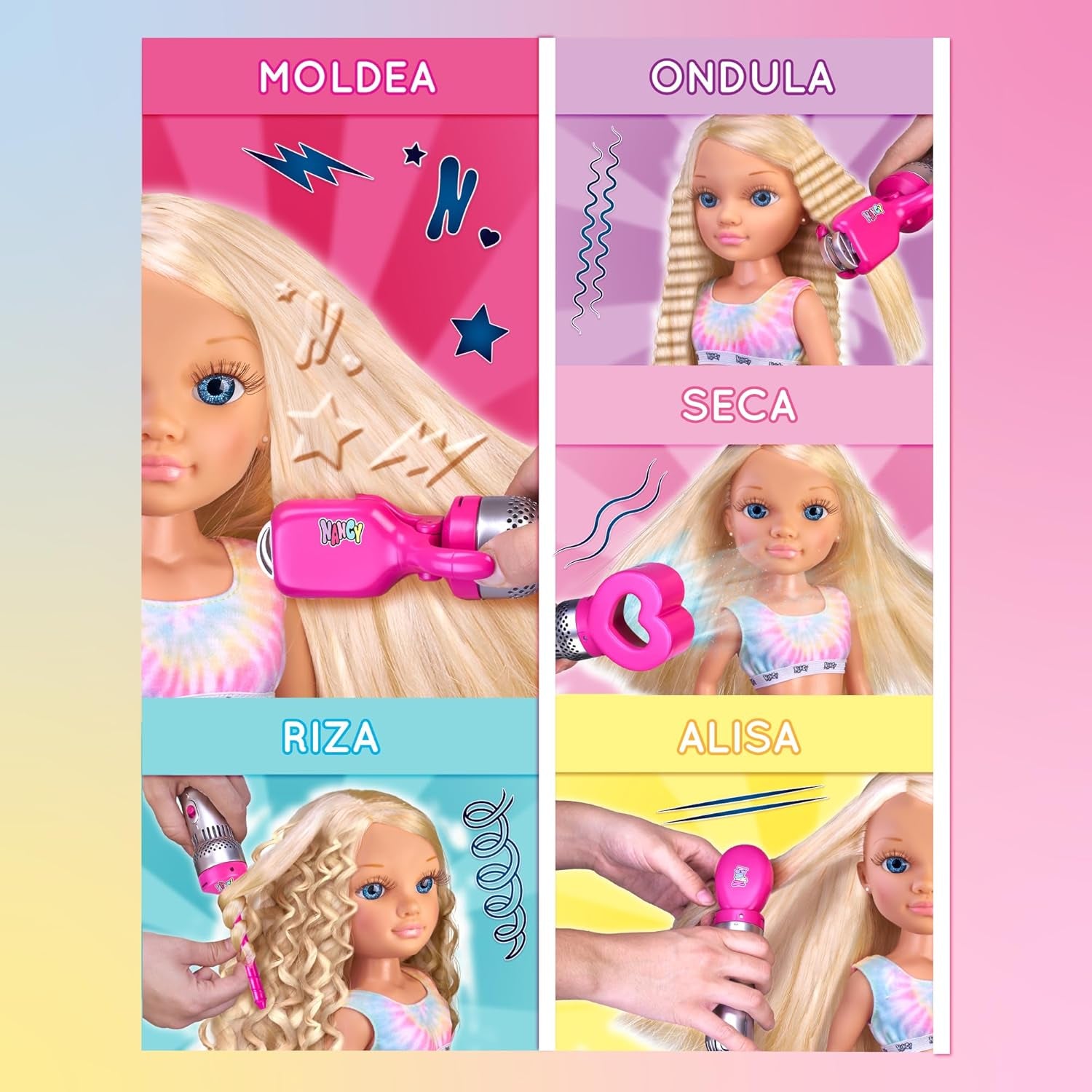 Air Styler Puppe mit Schönheitswerkzeug zum Stylen von Frisuren, fünf Formen der Haarformung: Trocknen, Bürsten, Locken, Glätten und Formen, biegsames Haar, ab 3 Jahren, berühmt (NAC73000)