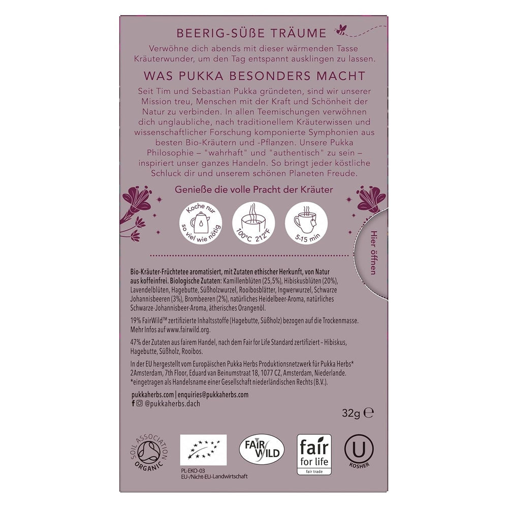 Pukka | Ceai de fructe bio „Night Time Berry” | Mușețel, coacăze negre și mure | Ceai pentru o seară relaxantă | Fără cofeină | Pachet de 1 | 20 pliculețe de ceai