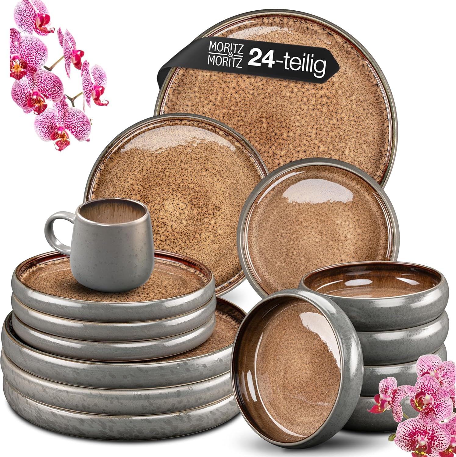 Set de veselă Moritz & Moritz SOLID din gresie, format din 24 de piese, pentru 6 persoane - set de veselă pentru 6 persoane, format din 6 farfurii de cină, 6 farfurii mici, 6 farfurii de masă și 6 cești cu mânere