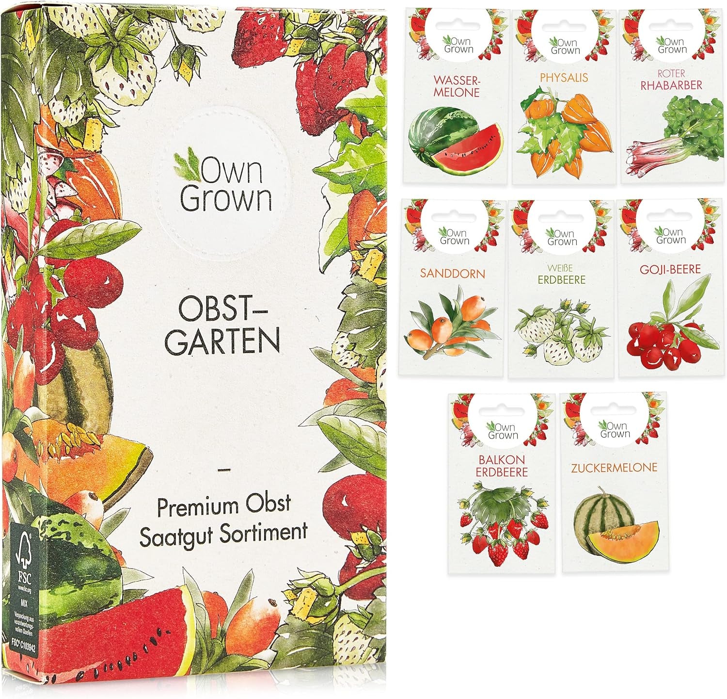 Set di semi di frutta: semi da giardino premium con 8 varietà di piante da frutto per giardino e balcone - Semi di anguria, semi di fragola, uva spina, rabarbaro e altro ancora - Set regalo di semi di frutta di OwnGrown