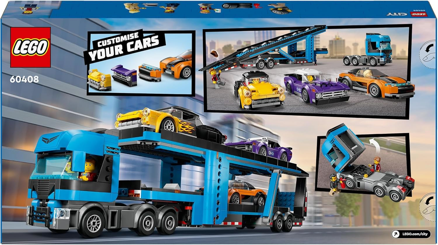 LEGO City Car Transporter cu mașină sport, set de 4 mașini de jucărie pentru băieți și fete de la 7 ani, cadou de Crăciun sau aniversare, 4 minifigurine pentru jocuri de rol 60408 Seturi de constructie Besuche den LEGO-Store
