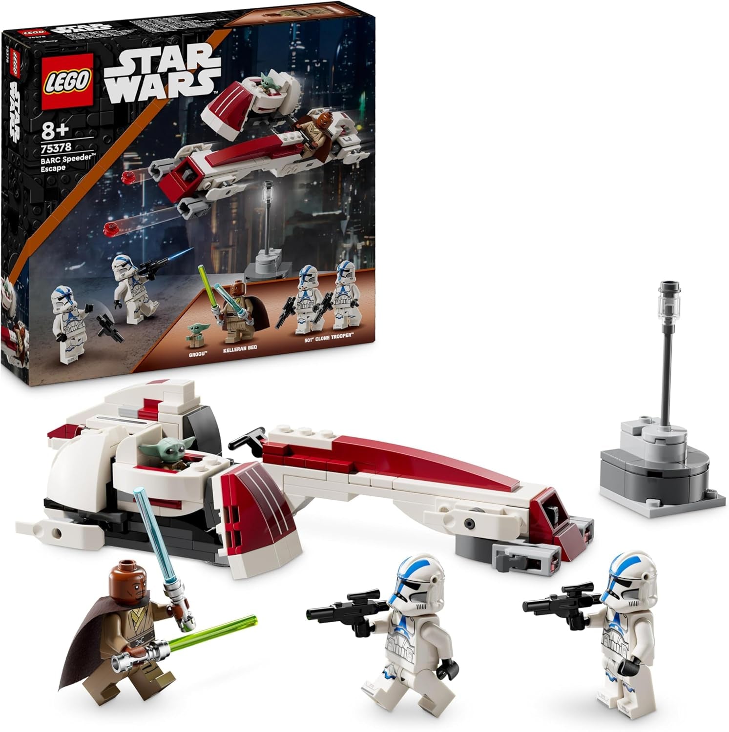 LEGO Star Wars Fuga con lo Speeder BARC, il set Mandalorian, bicicletta giocattolo con sidecar, include i personaggi Kelleran Beq e Grogu, regalo per ragazzi e ragazze a partire da 8 anni 75378 Set di costruzione Besuche den LEGO-Store Toy Brick