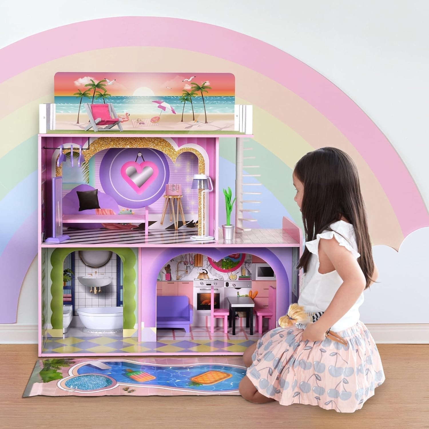 Olivia's Little World Big Dreamland Sunset Contemporary Casa de păpuși interactivă din lemn pentru copii 3 etaje cu 16 accesorii de mobilier pentru păpuși Multi TD-13616A Casute de papusi Naty Shop