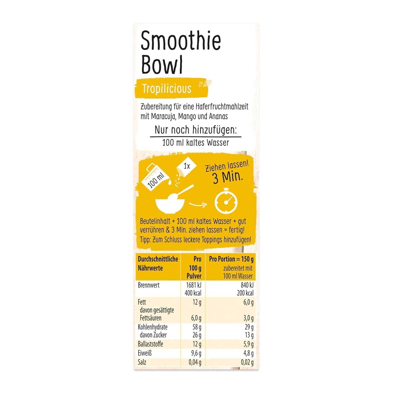 RUF Smoothie Bowl Tropilicious Mango Frutto della passione Avena Snack per colazione Facile e veloce Vegano 1 busta x 50 g (confezione da 3)