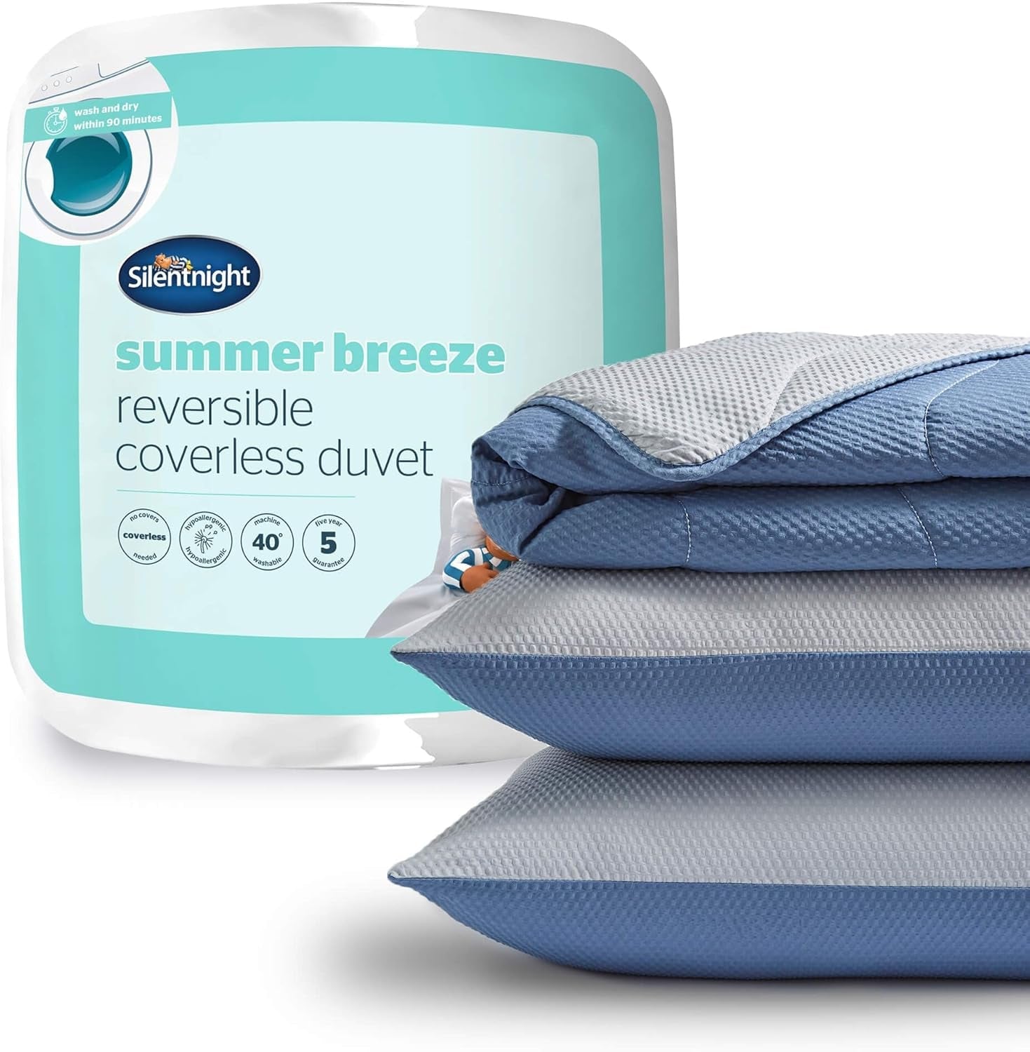 Piumino per letto singolo Silentnight Summer Breeze, 2,5 Tog, piumino estivo leggero, ideale per notti calde e camere da letto calde, ipoallergenico e lavabile in lavatrice, letto singolo, trapunte e trapunte 200 x 135 cm Naty Shop Senza copertura Letto matrimoniale grigio/blu