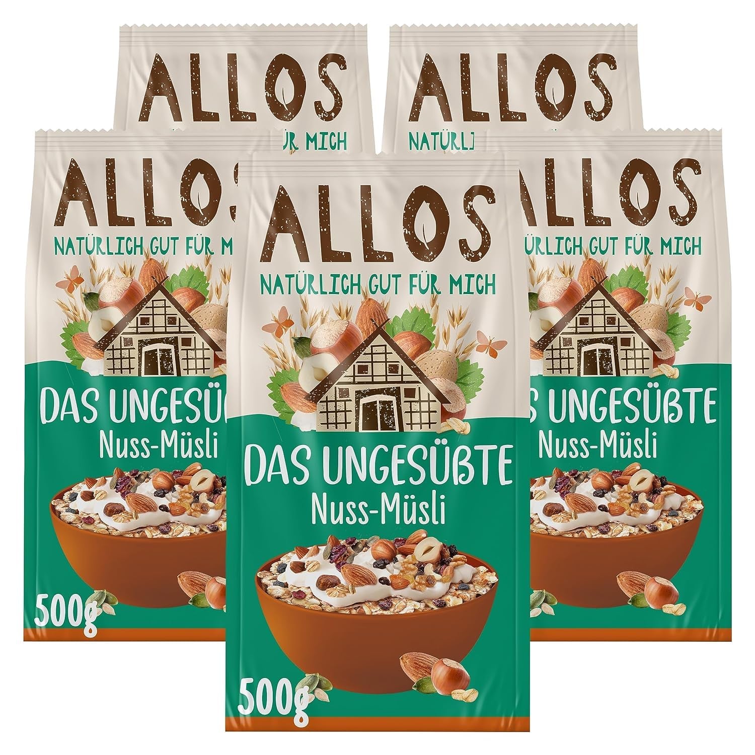 Allos muesli proteico non zuccherato | Muesli biologico | Farina d'avena | Cereali per la colazione | Vegano (5 x 450 g), 1 pezzo (confezione da 5)