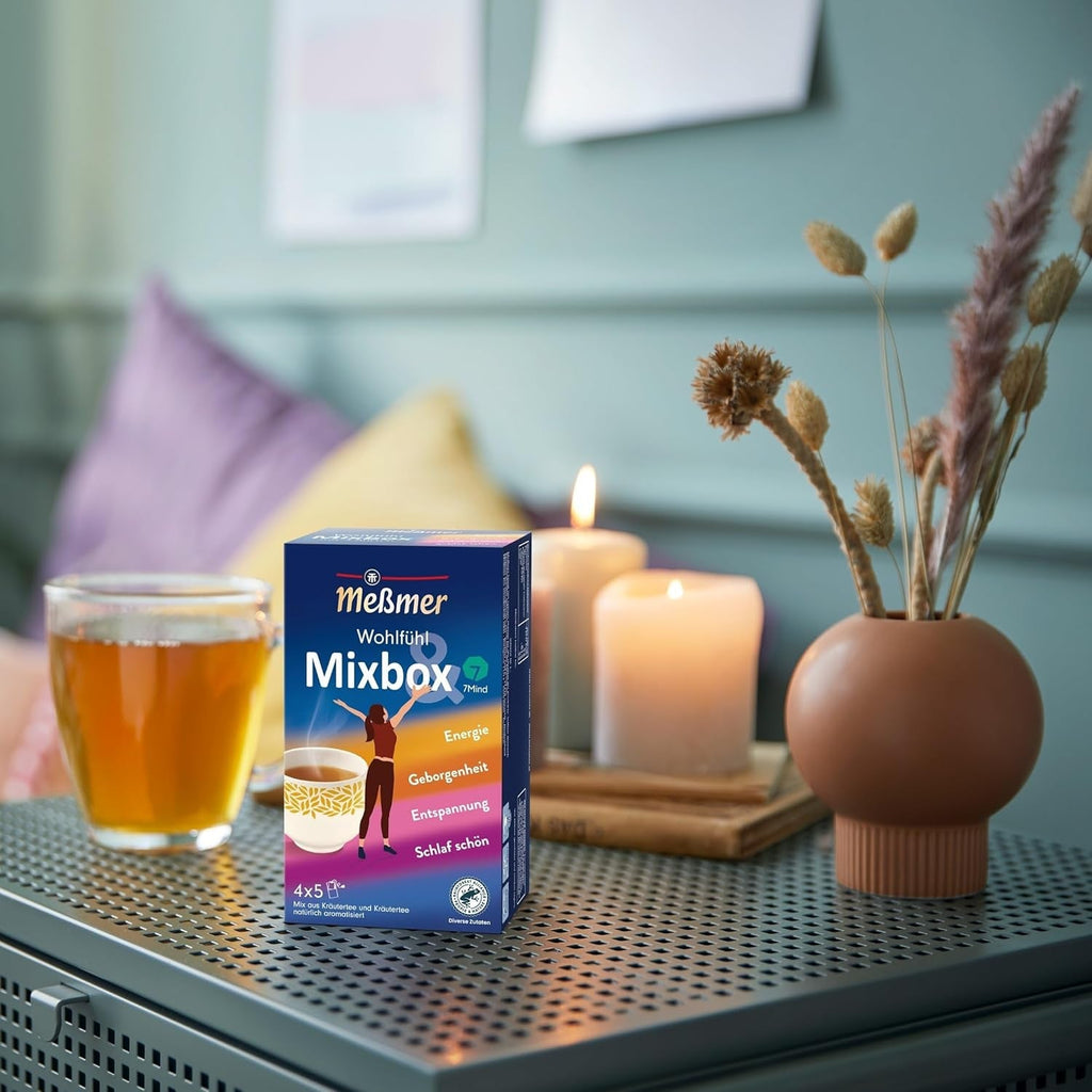 Meßmer Wohlfühltee Mixbox | 20 pliculețe de ceai | 5X Energie | 5X Siguranță | 5X Relaxare | 5X Somn bun | Un mix de ceaiuri din plante din gama Meßmer Wohlfühl