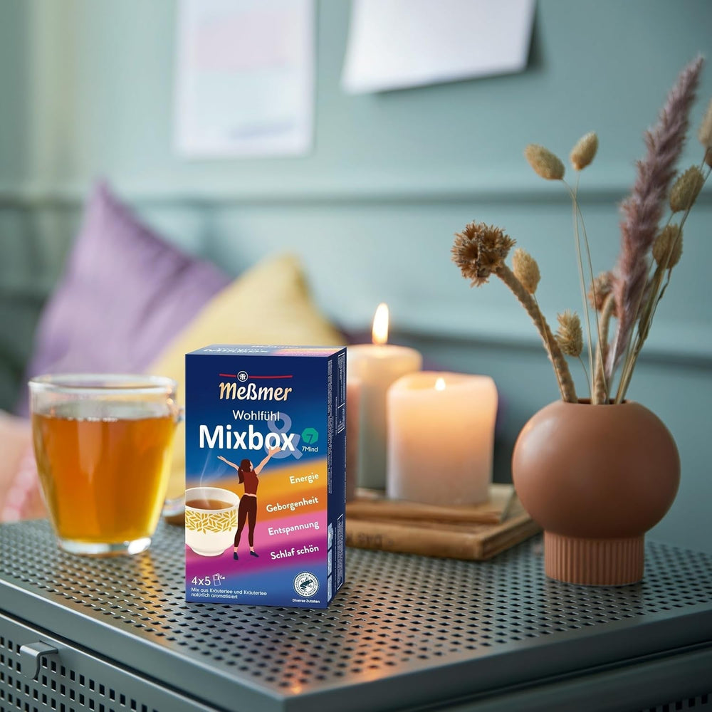 Meßmer Wohlfühltee Mixbox | 20 pliculețe de ceai | 5X Energie | 5X Siguranță | 5X Relaxare | 5X Somn bun | Un mix de ceaiuri din plante din gama Meßmer Wohlfühl