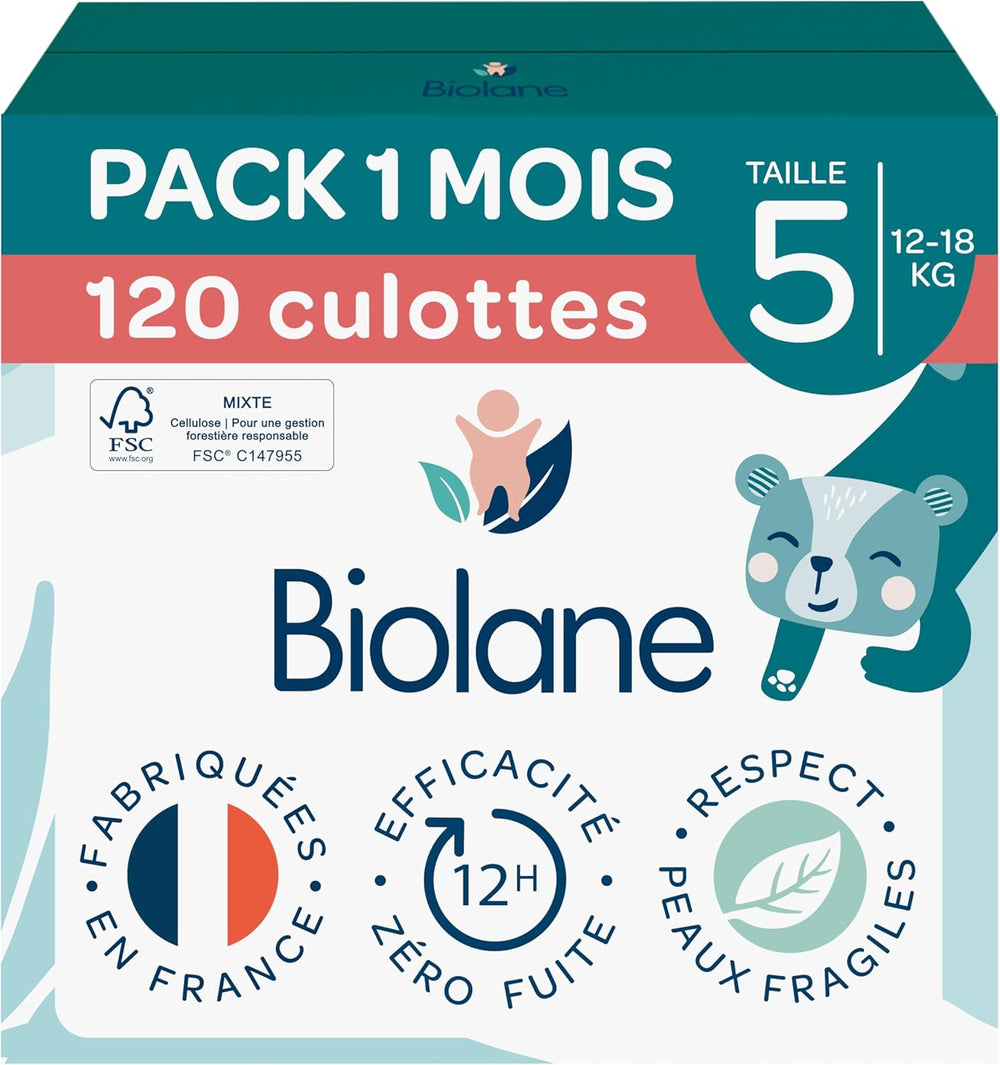 BIOLANE - Pannolini corti - Taglia 5 (12-18 kg) - Tenuta 12 ore - Confezione 1 mese - 120 pannolini - ecologico