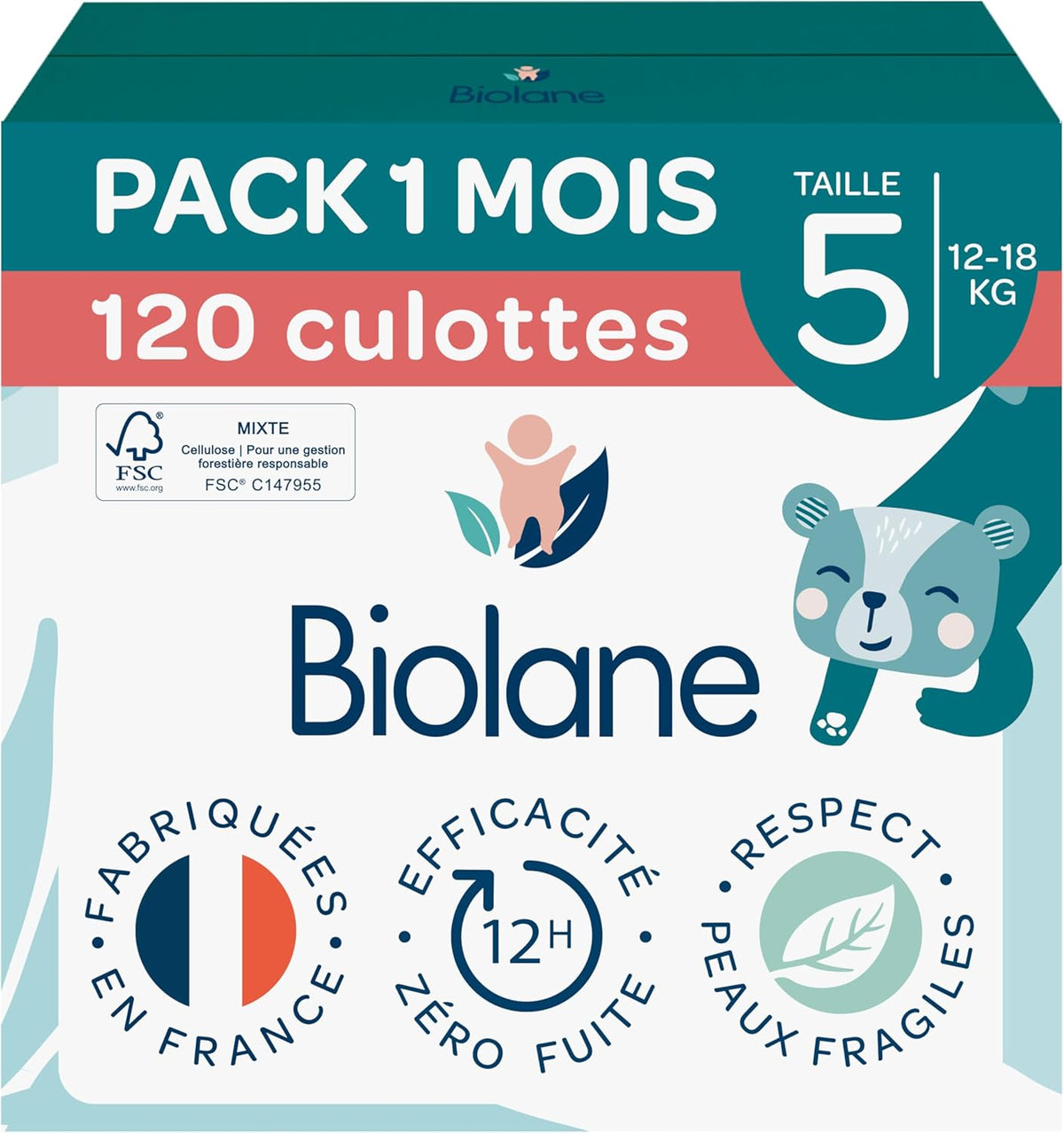 BIOLANE - Pannolini corti - Taglia 5 (12-18 kg) - Tenuta 12 ore - Confezione 1 mese - 120 pannolini - ecologico