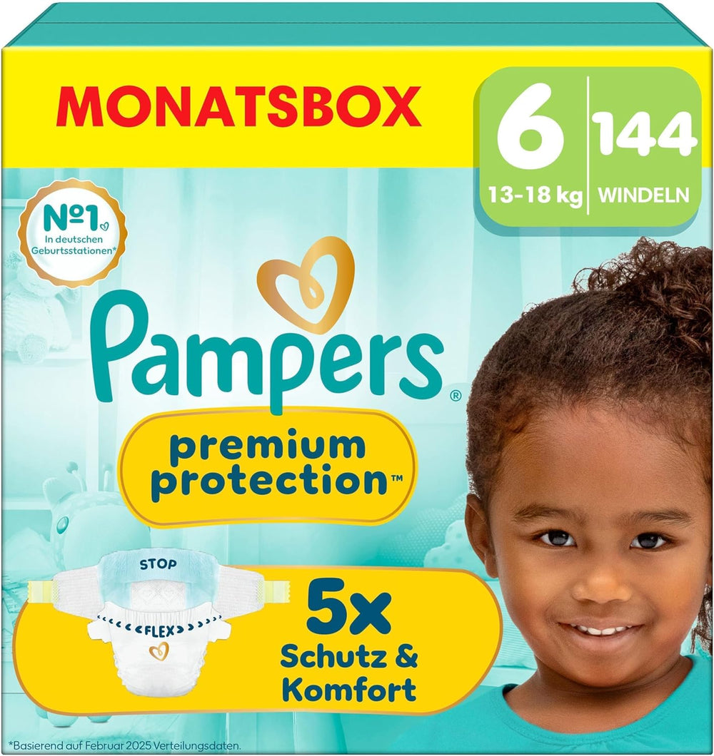 Protezione Premium Pampers taglia 6, 144 pannolini, 13 kg-18 kg, la nostra protezione n. 1 per la pelle e le perdite