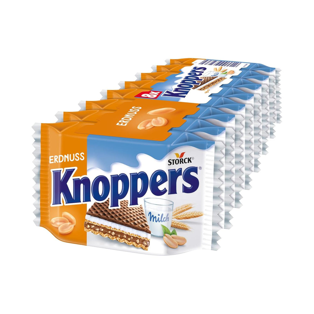Knoppers Bianchi e Neri – 8 x 25g – Fette di wafer ripiene di wafer al cacao fondente, pezzetti di biscotti neri, crema al latte e torrone