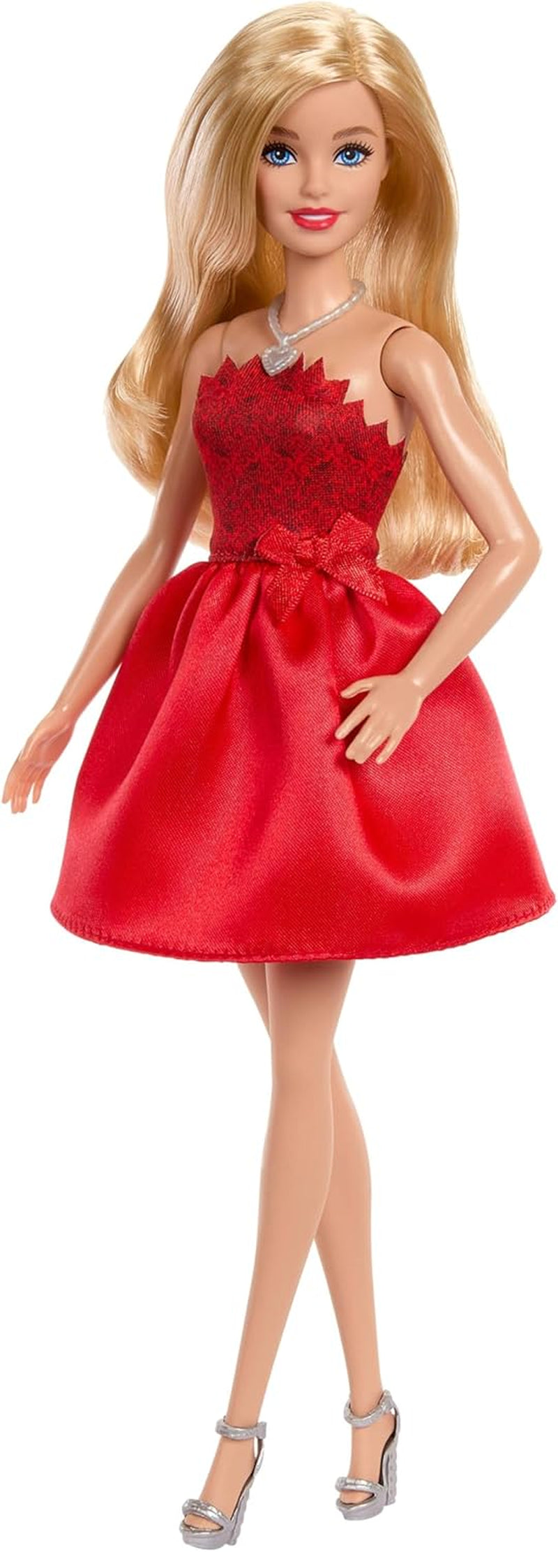 Mattel Rubinrote Blonde Barbie-Party-Modepuppe zum 80. Jubiläum roten Kleid mit silbernen Schuhen und Halskette, Sammelspielzeug, JGD25