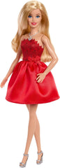 Mattel Rubinrote Blonde Barbie-Party-Modepuppe zum 80. Jubiläum roten Kleid mit silbernen Schuhen und Halskette, Sammelspielzeug, JGD25