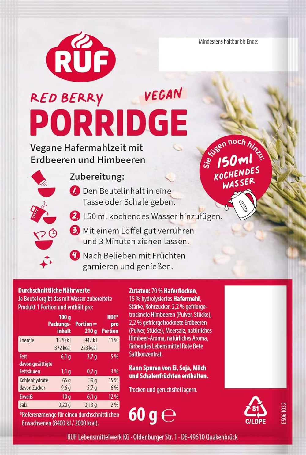 RUF Porridge Vegano Avena Frutti Rossi, Porridge con Fragole e Lamponi, 60 grammi Cereali Naty Shop