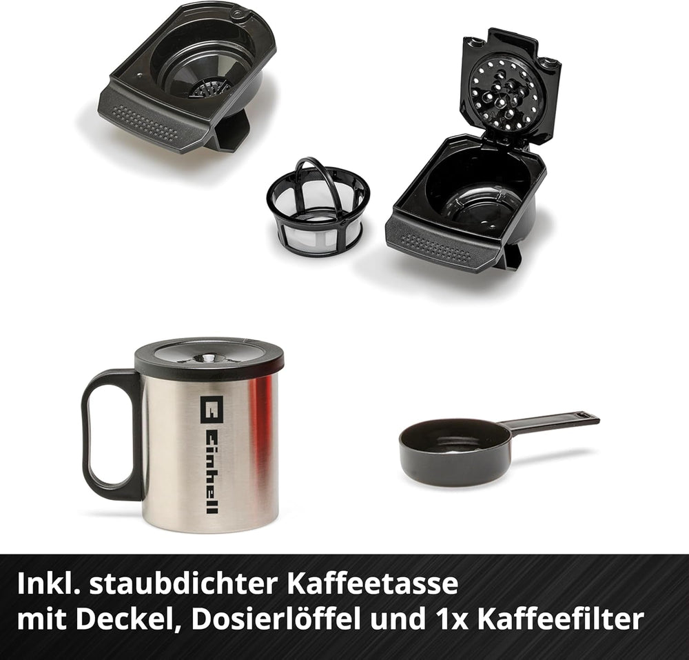 Espressor fără fir Einhell TE-CF 18 Li-Solo Power X-Change (18 V, rezervor de apă de 240 ml, pentru cafea filtrată și capsule de cafea, mâner de transport, incl. cană de cafea cu capac, fără baterie)