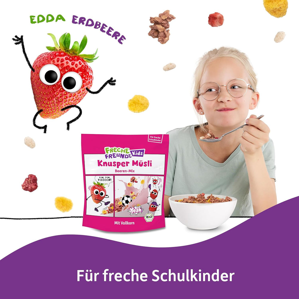 FRECHE FREUNDE Muesli da colazione biologico Edda's Berry Mix di muesli croccanti per scolari con fragole liofilizzate Confezione da 6 vegani (6 x 280 g)