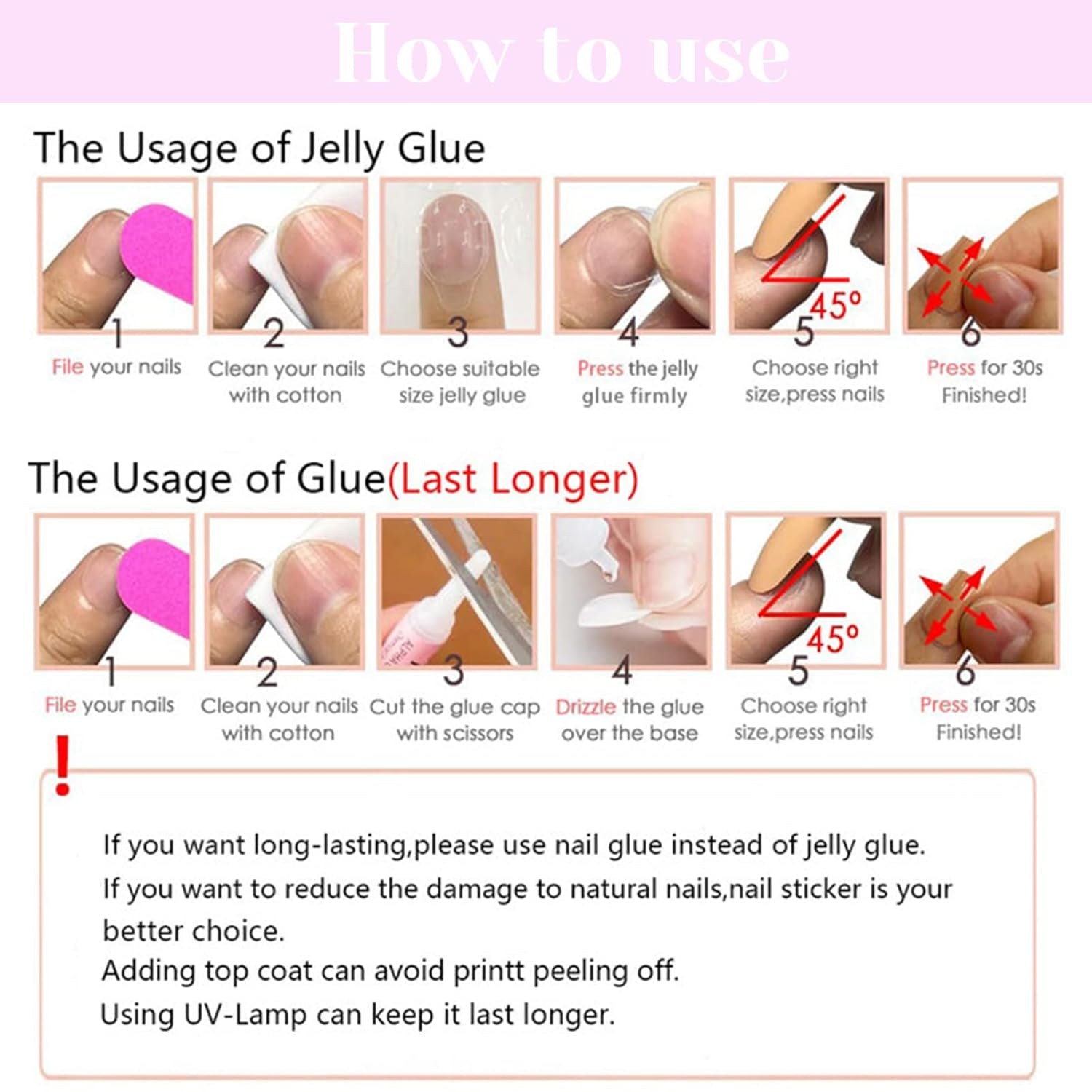 24 bucăți unghii artificiale cu vârf francez, scurte și pătrate, unghii acrilice negre cu design în formă de inimă albă, pentru acoperire completă