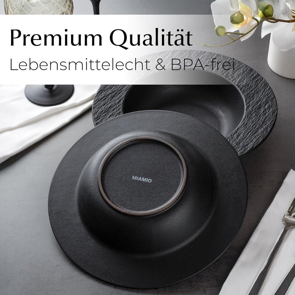 MIAMIO – Set de 4 farfurii pentru paste, 26 cm, farfurii adânci mari pentru supă, veselă ceramică modernă, alb-negru, potrivită pentru cuptorul cu microunde și mașina de spălat vase – Colecția Oasis (Negru)