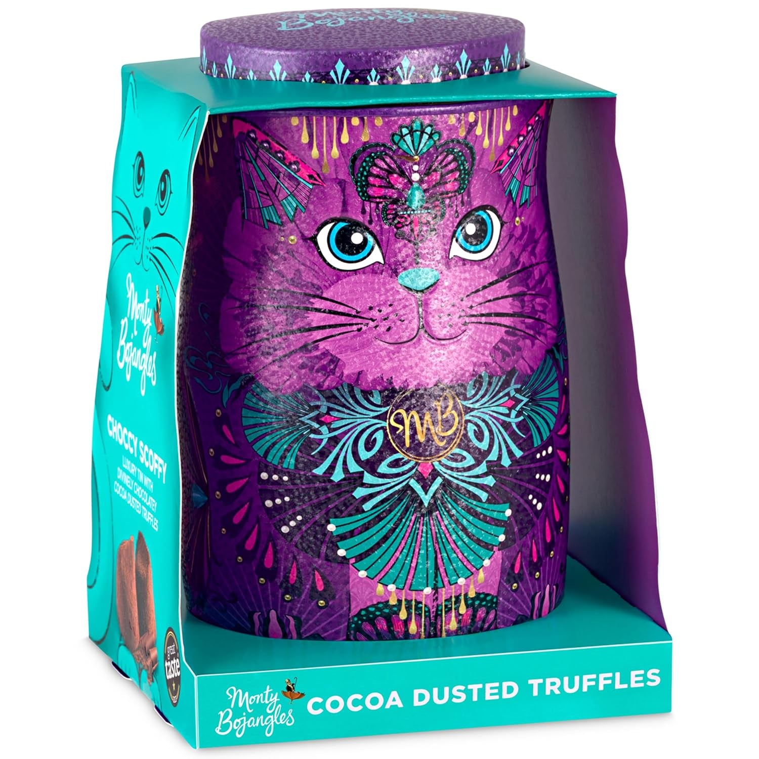 Monty Bojangles Savanna Gold Chocolate Truffles (135g) Set regalo con praline in polvere di cacao in una scatola da collezione dal design individuale con gatti Flutter Scotch Flavor