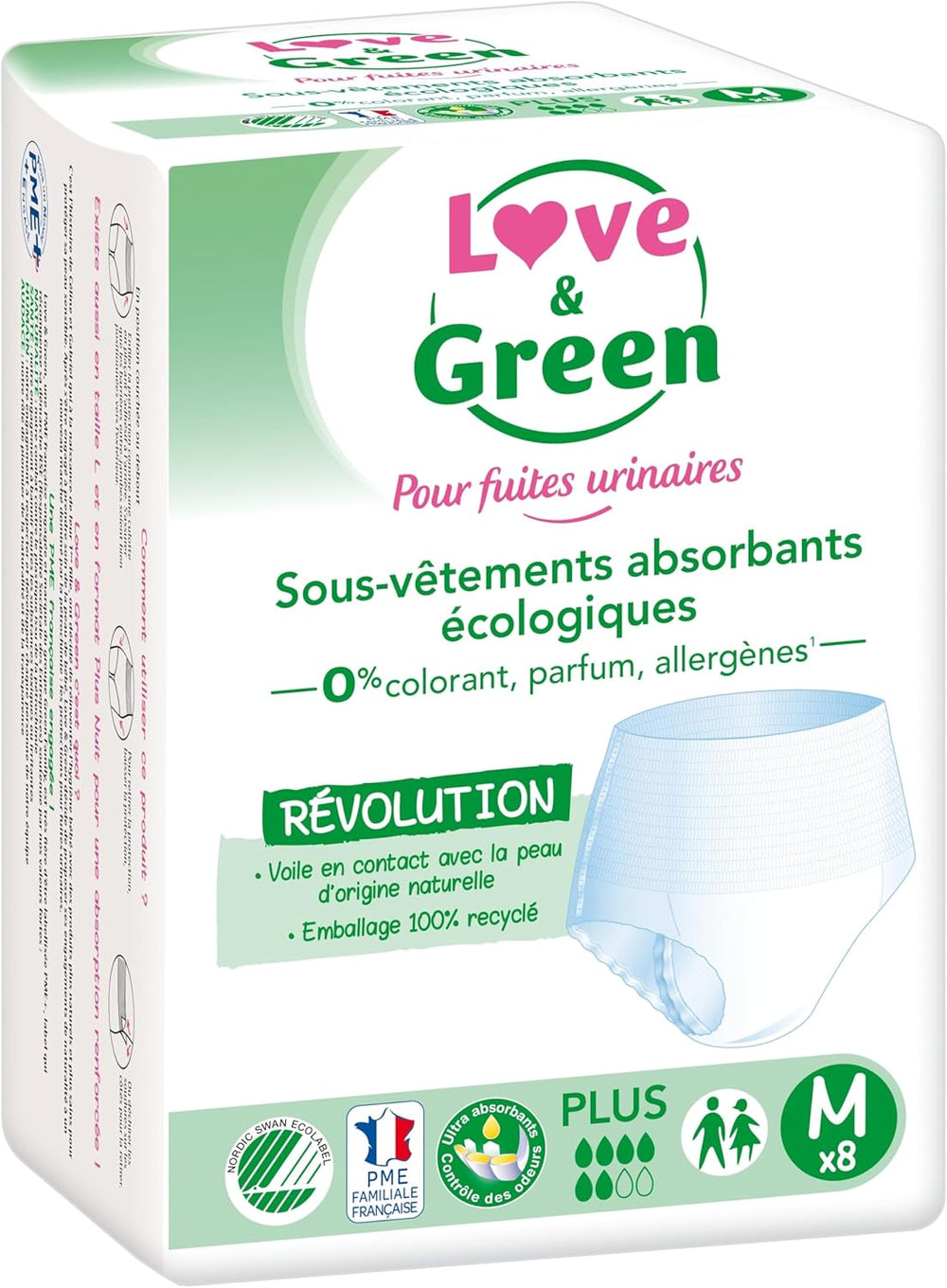 Intimo assorbente adulto ipoallergenico ed ecologico, taglia M, 8 pezzi
