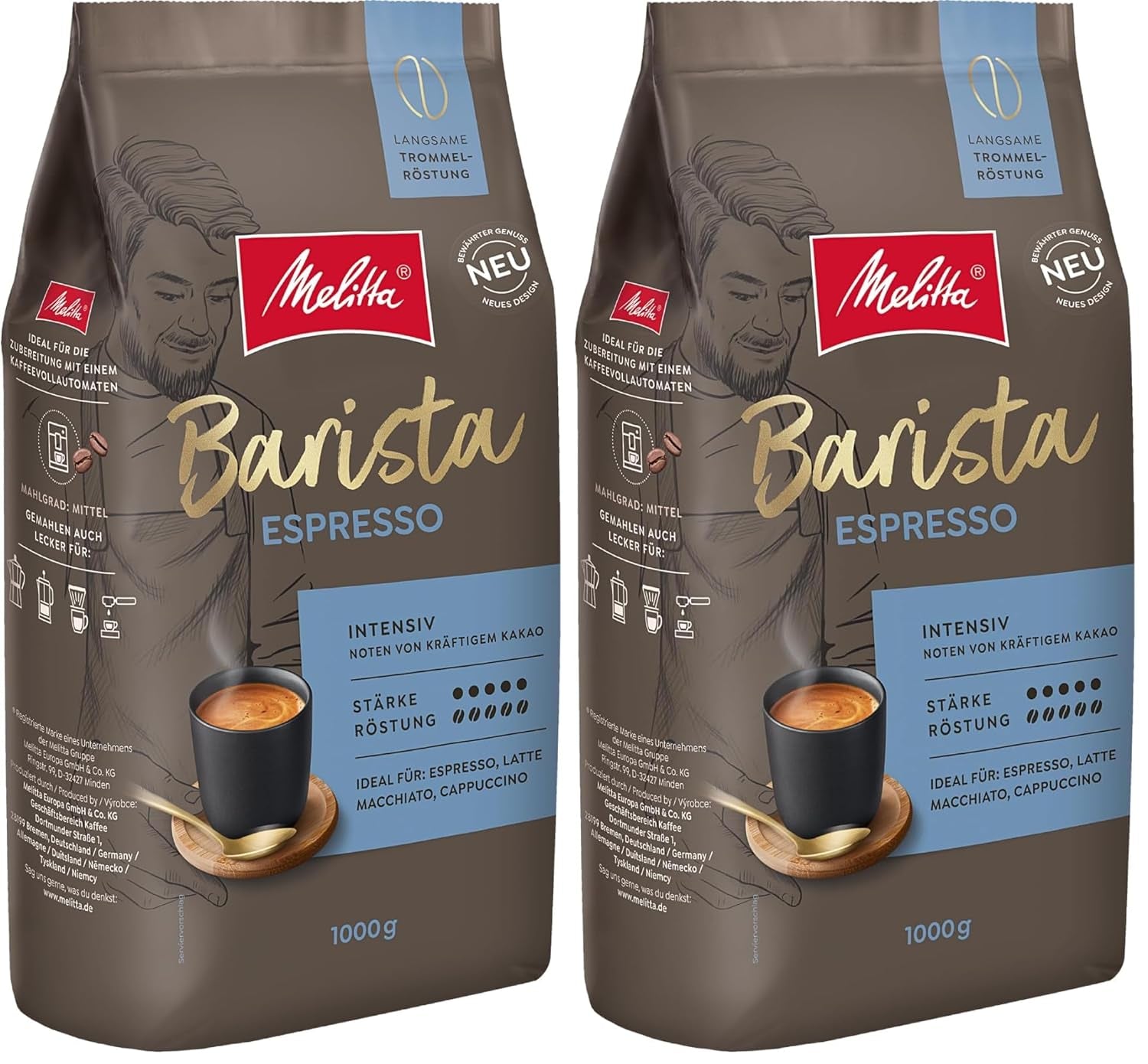 Melitta Barista Classic Espresso, Boabe de cafea întregi 1kg, Nemăcinate, Boabe de cafea pentru espressoare automate, Prăjire puternică, Intensitate 5 (Pachet de 2)