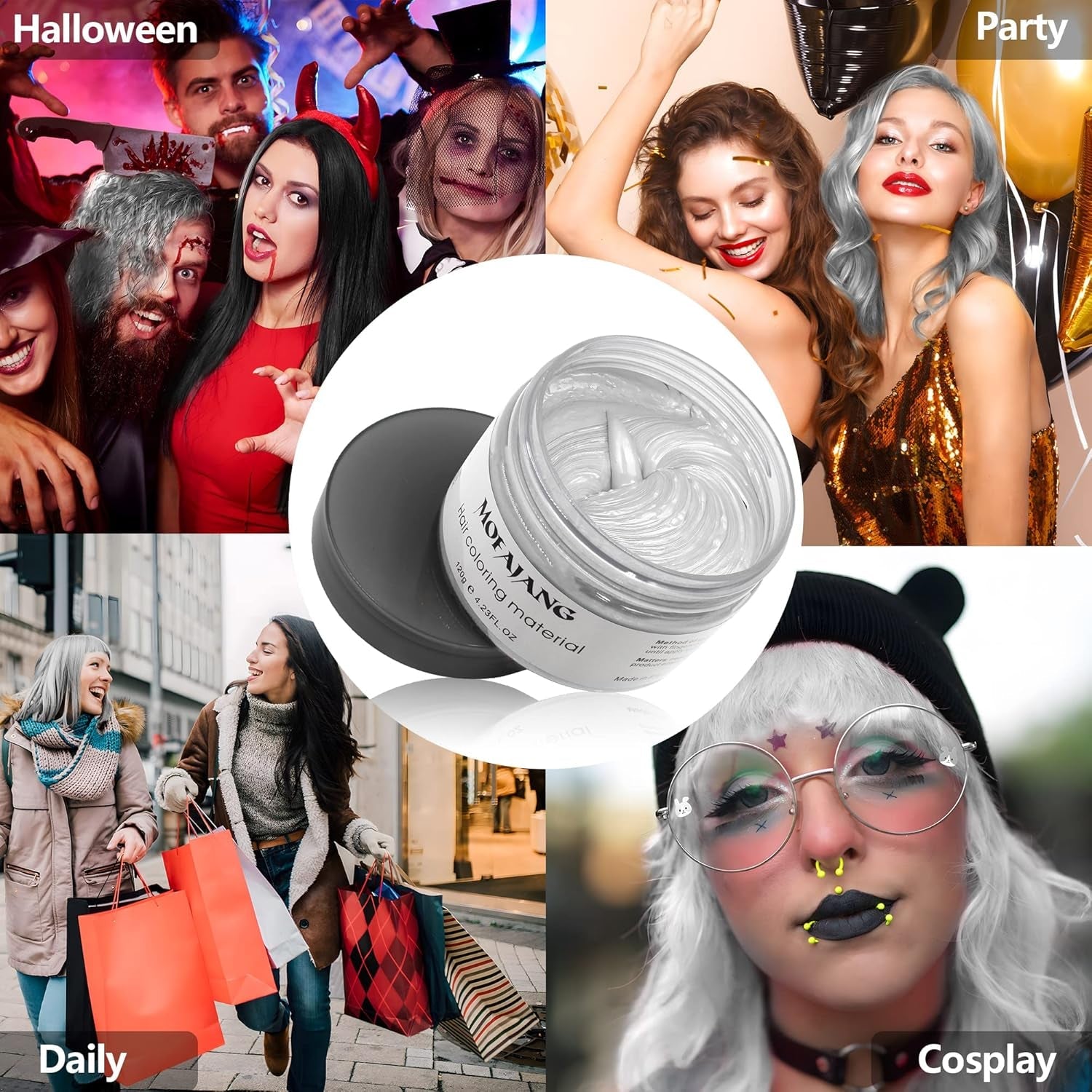 Culoare temporară a părului, Styling Hair Tone pentru bărbați femei, Pomadă pentru coafură naturală, Ceară pentru vopsirea părului pentru petreceri, Cosplay și Halloween, 4.23 oz (Silver Grey) Vopsea pentru par Naty Shop