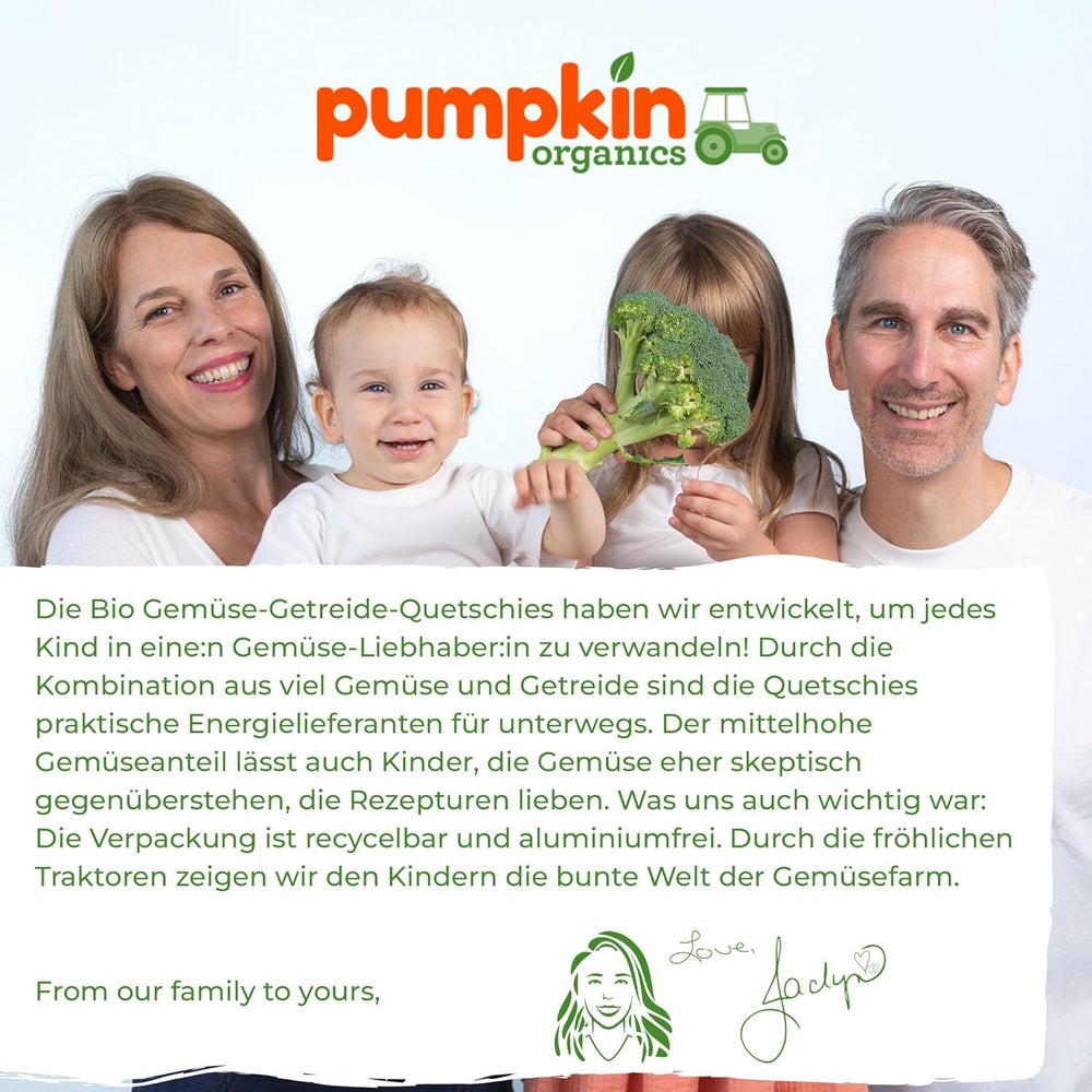 Pumpkin Organics buste di verdure e cereali biologici, confezione da 8: Pera, Fragole, Patate dolci, Barbabietola rossa, Banana, Avena - Senza zuccheri aggiunti¹ - Dai 6 mesi - come spuntino o alimento complementare nella confezione (8 x 100g)