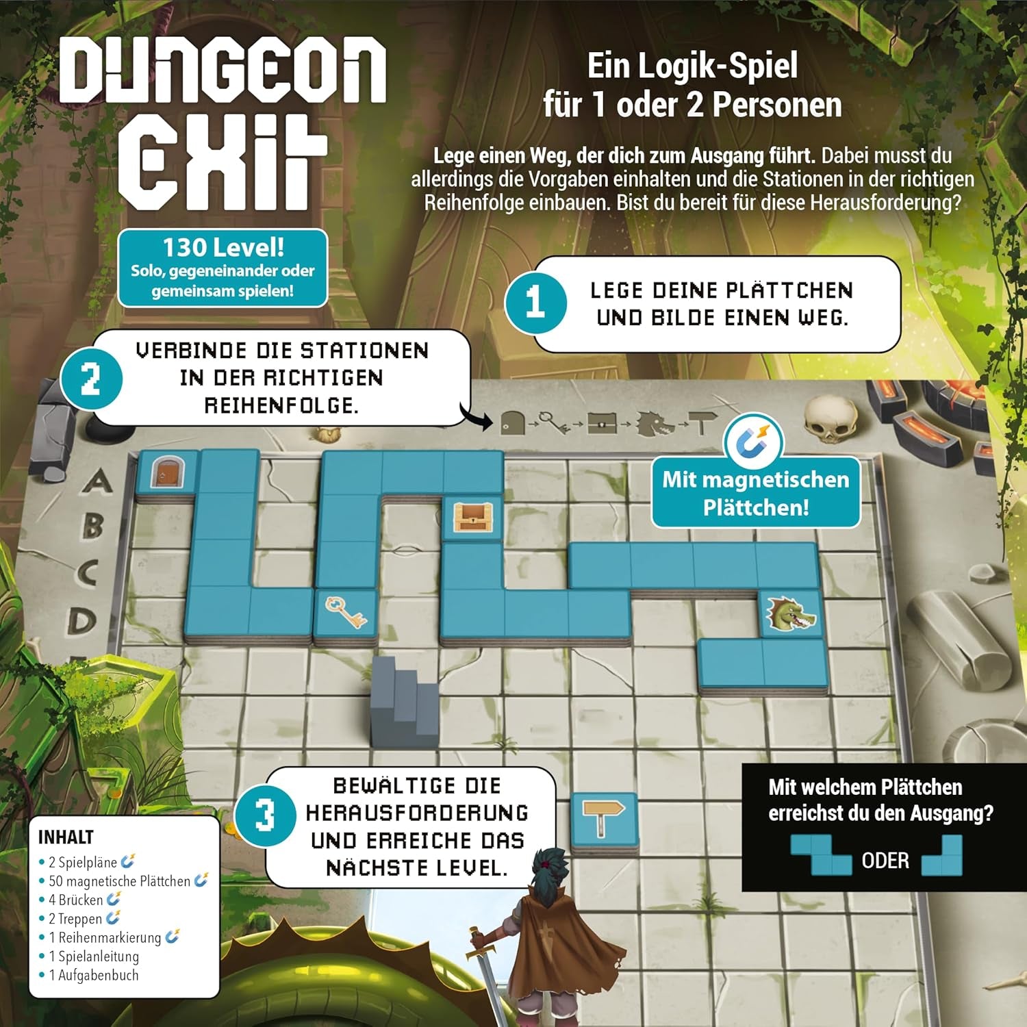 Evasione dei dungeon con piastrelle magnetiche, avvincente avventura nei dungeon, gioco di posizionamento delle tessere con sfide crescenti, per 1-2 giocatori, dai 6 anni in su