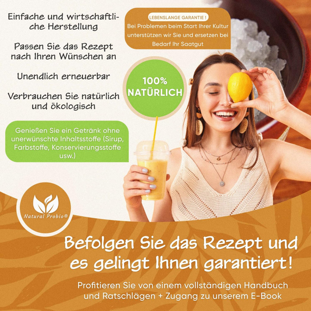Natural Probio® Wasserkefir, Kefirpilz, Japankristalle, Kefirknollen, Starter Set + Anleitung, Rezept, Tipps, E-Book & Rezeptbibliothek + Kundenservice auf Lebenszeit (10g disidratato/60g reidratato)