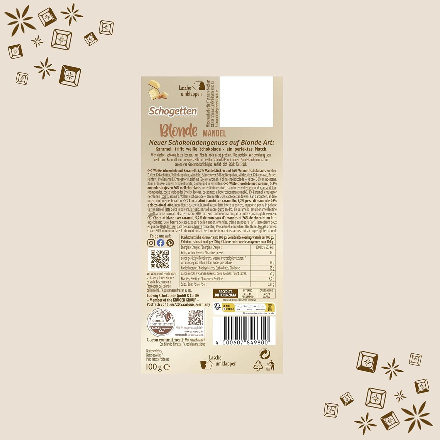 Schogetten Mandorla Bionda | Cioccolato bianco con pezzetti di caramello e mandorle | 100 g| Convenientemente porzionato (confezione da 2)