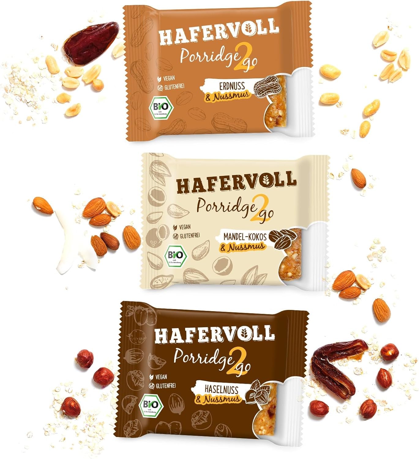 Hafervoll Porridge2go Unt de alune și nuci, 13 batoane x 55g - Vegan, Organic, Fără gluten, Gustare fără zahăr adăugat, cu ovăz, curmale și bomboane de quinoa