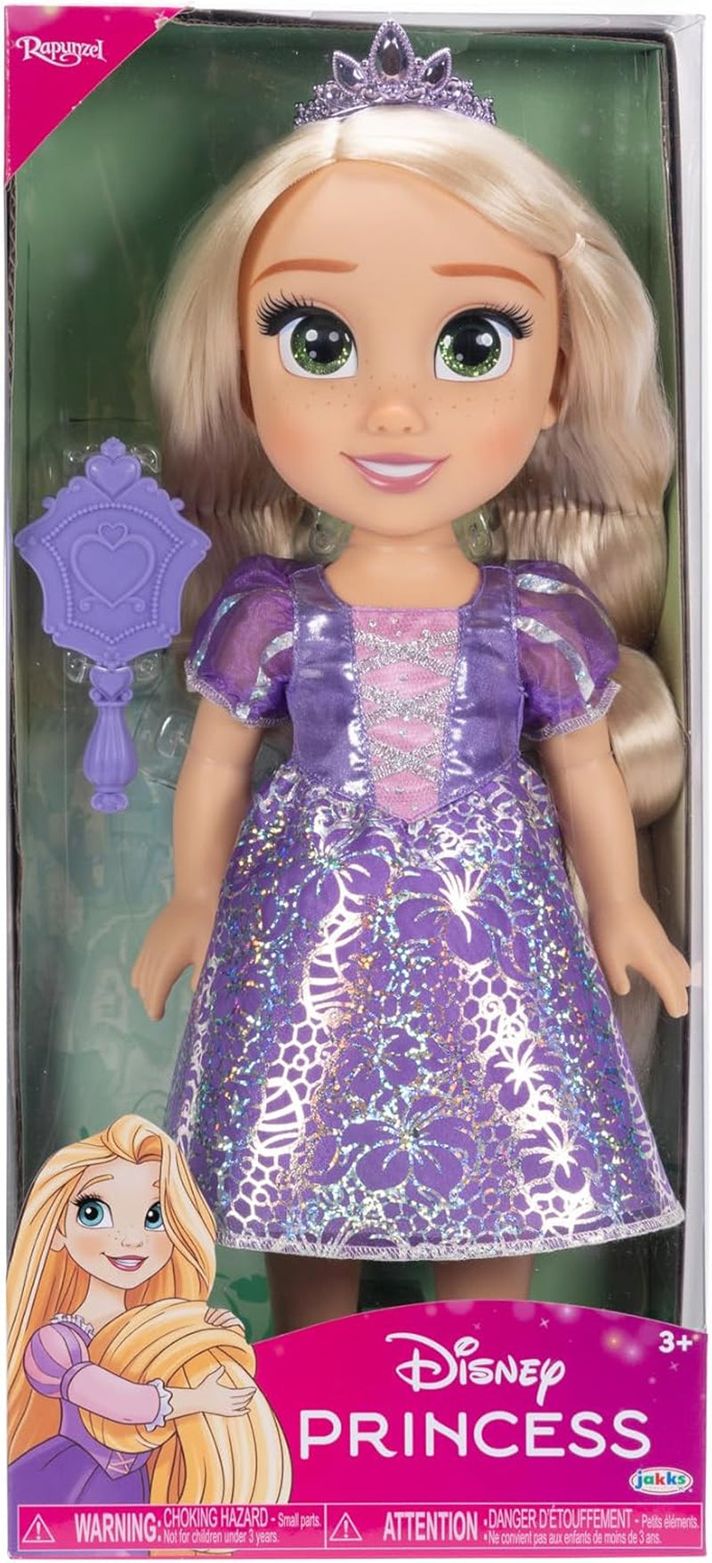 Păpușă Disney Prințesa Rapunzel 35 cm, ochi reflectorizanți cu sclipici, articulații mobile, rochie detașabilă, pantofi, coroană, păr lung și blond, pentru fete cu vârsta de 3 ani și peste