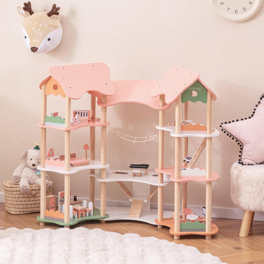 FANTASK Casa delle Bambole in Legno, Casa delle Bambole con 7 Camere e 7 Camere, Altezza 85 cm, con 32 Mobili e Accessori, Casa delle Bambole con Scala di Corda, Casa delle Bambole Regalo per Bambine di 3 Anni (Modello 3) Naty Shop Dollhouses