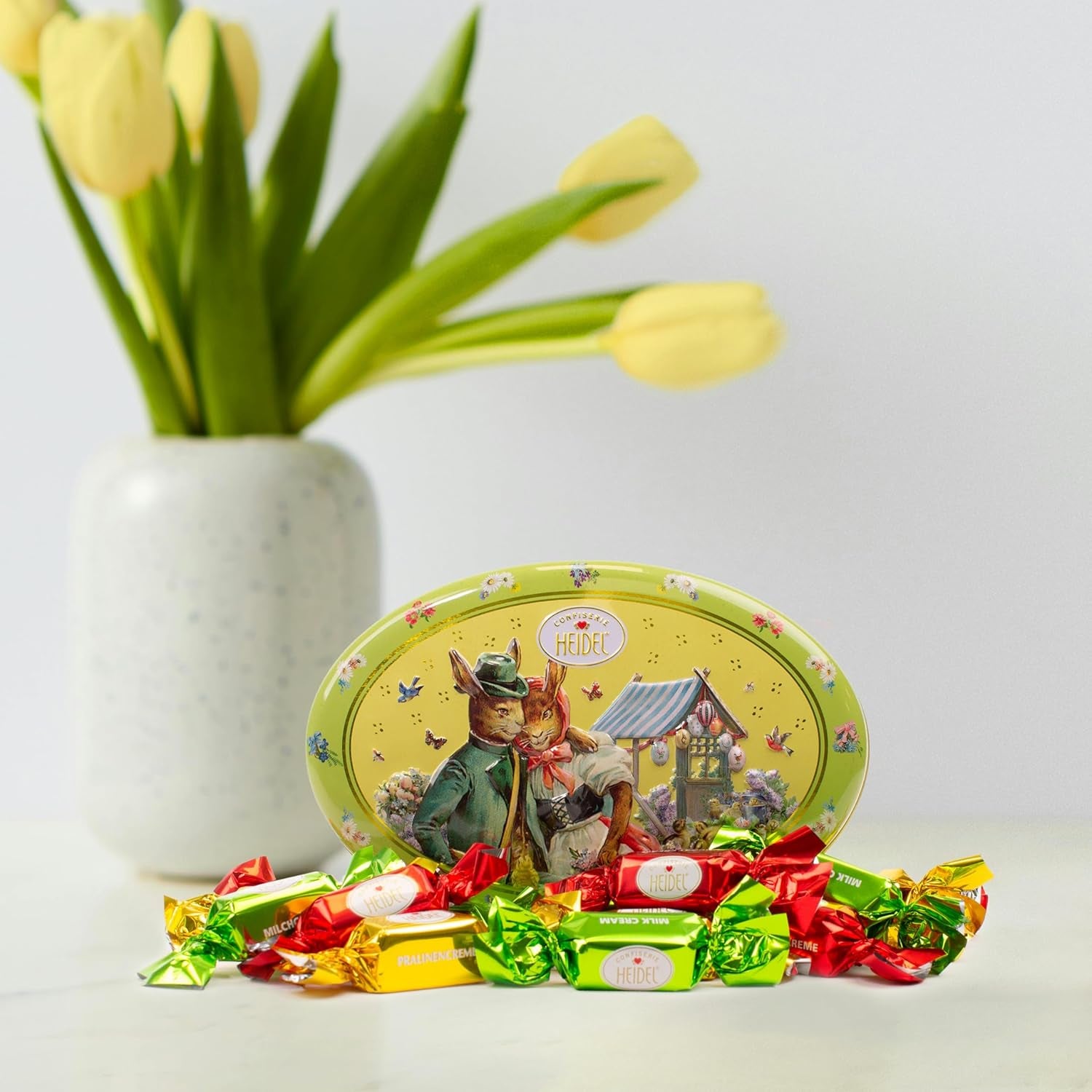 Confezione regalo Heidel Easter Card 183g, pralina di cioccolato al latte premium con scatola decorativa in metallo, ideale come regalo di Pasqua