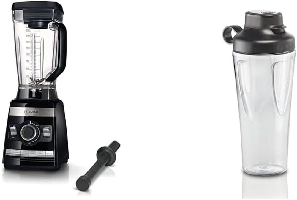 Bosch Robot da cucina Vitaboost MMBH6P6BDE, 6-Klingen-Edelstahlmesser, 2.5L Tritan-Mixbehälter, Stopfer, 6 Automatikprogramme, Rezeptbuch, Bpa-Frei, Einfache Reinigung, 45.000 U/Min, 1600 W, Schwarz Kucatarie Naty Shop Bundle Mit Flasche 6 Automatikprogramme Deutsches Rezeptbuch