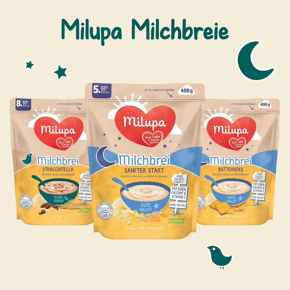 Porridge di latte Milupa Gentle Start - Cereali per neonati senza glutine, senza olio di palma - Senza conservanti e coloranti - Dai 5 mesi - 4 x 400 g