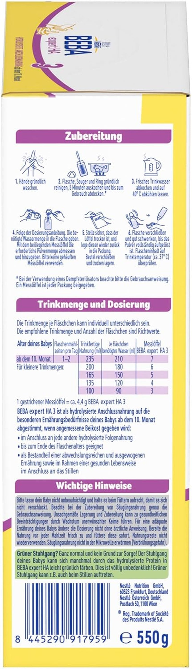 BEBA expert HA 3 Formula di continuazione idrolizzata, da 10 mesi, 1 confezione (1 x 550 g)