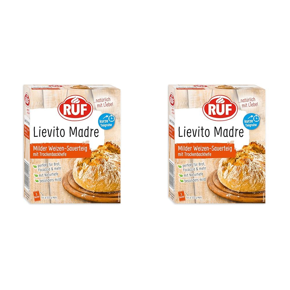 RUF Lievito Madre Sauerteig, Milder Weizen-Sauerteig, Mutterteig, Kurze Teigruhe Durch Enthaltene Trockenhefe, Lievito Madre Getrocknet Für Brot, Baguette, Focaccia, 3X35G Miscela per panificazione e cottura Naty Shop 35 G (6Er Pack) Kurze Teigruhe
