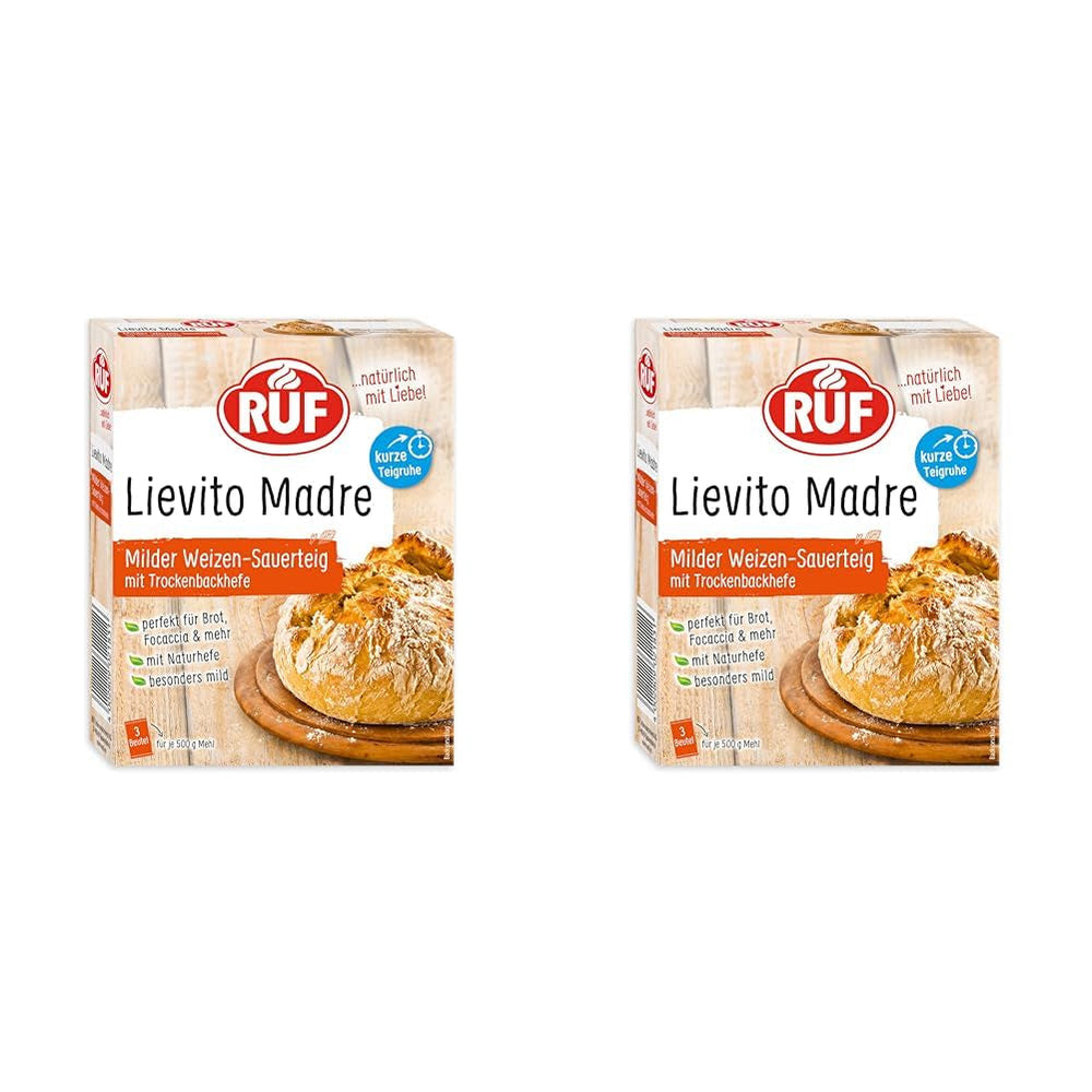 RUF Lievito Madre Sauerteig, Milder Weizen-Sauerteig, Mutterteig, Kurze Teigruhe Durch Enthaltene Trockenhefe, Lievito Madre Getrocknet Für Brot, Baguette, Focaccia, 3X35G Miscela per panificazione e cottura Naty Shop 35 G (6Er Pack) Kurze Teigruhe